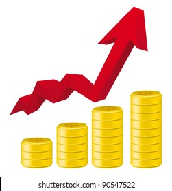 3d arrow with gold coins, business graph. vector illustration