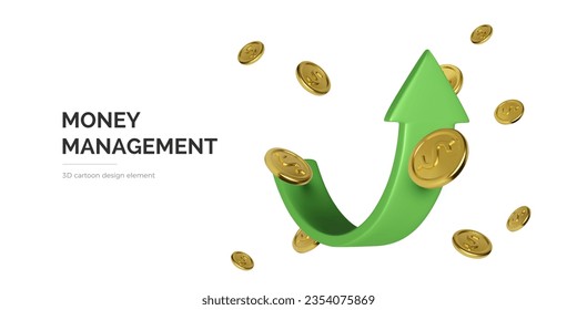 3D arrow up and gold coins. Money management and increase profit. Stock market graphic. Growth capital. Vector illustration