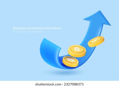 3d arrow growth with coin investing business and interest. Isolated on a pastel blue background. 3d vector illustration.