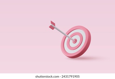 3d Arrow hit the center of target on pink pastel background. Business finance target concept. Marketing time concept. 3d rendering. Vector illustration