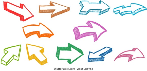 3D Arrow Icon Crayon Chalk Drawing Vector Set