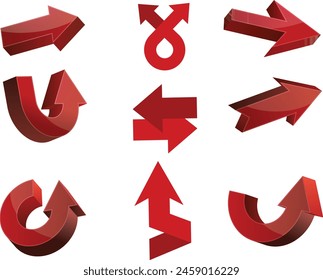 3d arrow icon indicating different direction of red color.A set of three-dimensional icons isolated on a white background.3D-objects.Vector illustration for website banners ads and design elements.