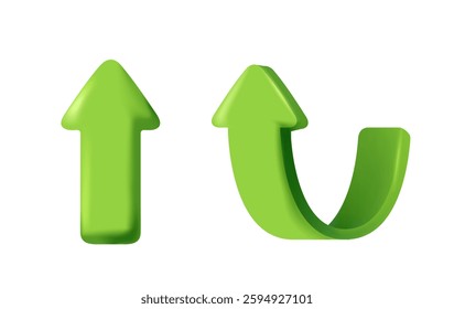 3D arrow icons. Stickers with curved direction indicators showing up. Road sign or pointer. Growth and development. Realistic vector set of illustrations in plasticine style