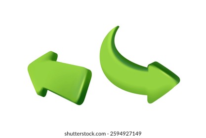 3D arrow icons. Stickers with left and right direction indicators. Road sign or pointer. Design element for website. Realistic vector set of illustrations in plasticine style