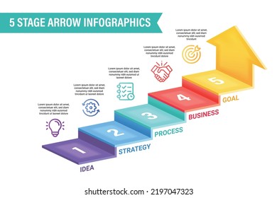 3D arrow infographic vector illustration. 5 steps business process concept.