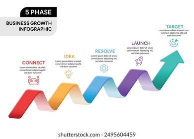 3D-Pfeil Infografik Vektorillustration. 5-stufiges Infografik-Konzept für die Prognose des Geschäftswachstums.