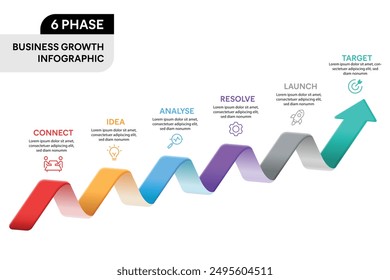 3D-Pfeil Infografik Vektorillustration. 6 Schritt Business Growth Projektion Infografik Konzept.