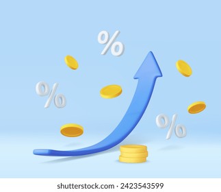 3d Pfeil des Geldes steigende Trend Zinssatz Erhöhung, Einlagen. Ausgezeichnete Investitions-Business-Grafik auf dem Hintergrund. Investitionslösung. 3D-Darstellung. Vektorgrafik