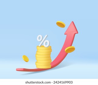 3d Pfeil des Geldes steigende Trend Zinssatz Erhöhung, Einlagen. Ausgezeichnete Investitions-Business-Grafik auf dem Hintergrund. Investitionslösung. 3D-Darstellung. Vektorgrafik