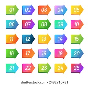 3d arrow number bullet points from 1 to 25. 