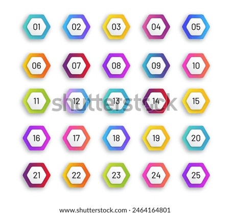 3d arrow number bullet points from 1 to 25. Hexagon shapes with shadow