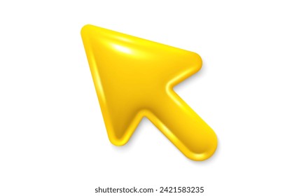 3d arrow pointer, mouse cursor icon. Computer interface tool. Click here yellow arrow. Computer mouse cursor. Web interface 3d click pointer. Computer arrow selection tool. Vector