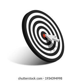 3D arrow points to red center of sports target. Black and white board target. Realistic vector