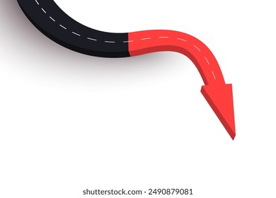3d arrow up sign and road icon. Simple modern red candle trading sign, arrow and road icon as a symbol of failures. Market drop down. Isolated vector illustration