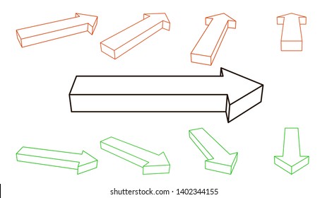 3d Arrow sign set. Isolated on white background. Vector outline illustration.
