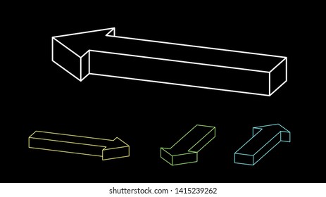3d Arrow sign set. Isolated on black background. Vector outline illustration. Dimetric projection.
