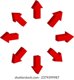 3D-Pfeilzeichenvektor. Das Symbol rechts, unten, oben und unten. Rote Zeigersammlung.