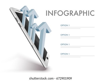 3D arrows coming out from realistic smartphone screen, Creative Infographic Template for your Business presentation.