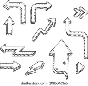 Juego de doodles 3d Arrows. Ilustración vectorial dibujada a mano.