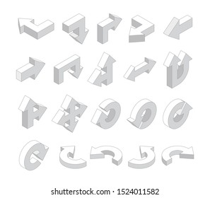 3D arrows. Isometric white various direction arrows vector set