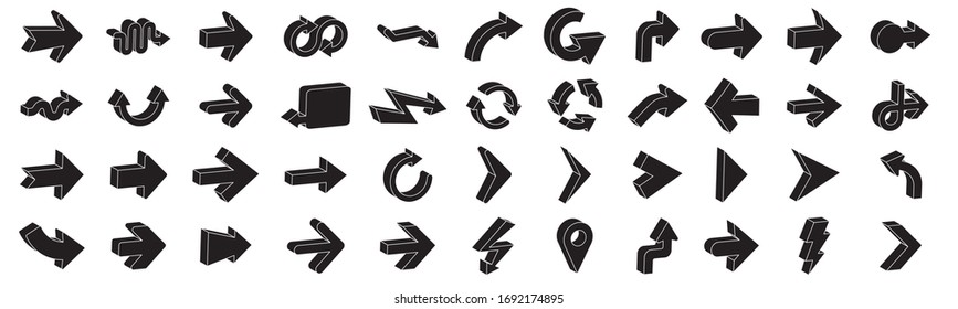 3D arrows pictograms vector set. Arrows symbol collection. Isometric outline icons