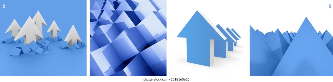 3D arrows point upwards and rank one after another in descending order or pierce chaotically across the surface. Pyramids in perspective. Background of ordered cubes. Business concept of leadership.