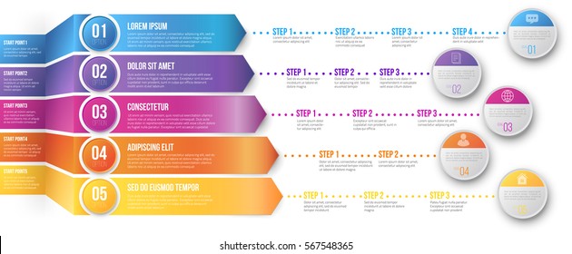 3D Arrows pointed to different ways with several steps for your goals - colored vector graph template on white background