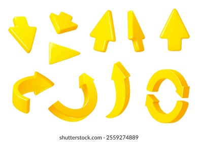 3d arrows and pointers. Yellow interactive cursors, different directions and forms, turns, circular, up, down, voluminous style, cartoon render glossy isolated elements vector set