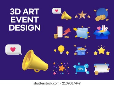 3d art event design illustration set. star, point, phone, Loudspeaker, coin, gift box. Vector drawing. Hand drawn style.