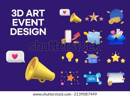 3d art event design illustration set. star, point, phone, Loudspeaker, coin, gift box. Vector drawing. Hand drawn style.