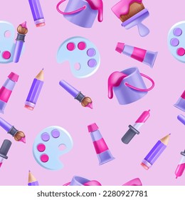 3D art school seamless pattern, vector kids drawing class texture, creative painting education study. Children apparel ornament, oil paintbrush, palette, tube, pipette, pencil. Art pattern wrapping