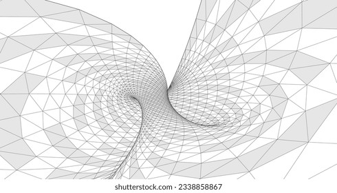3D art, VR, gray line, perspective loop, digital abstract swirl vector background. Linear illustration, wireframe dynamic wallpaper. Tunnel, internet, network connect concept. Cyberspace technology