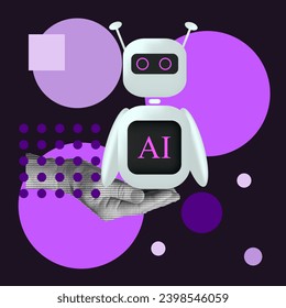 3d Artificial Intelligence Character on trendy Halftone hand in Bauhaus style. Robot on modern Geometric backdrop. Vector illustration can use web banner, poster and social media. Design t-shirt print