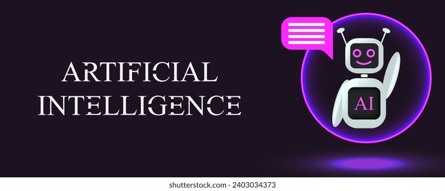 3d Artificial Intelligence Character on black background with copy space. Artificial  Flying Robot in light neon circle. Vector illustration can used web banner, poster and social media.