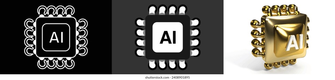 3D Artificial Intelligence Set Micro Chip AI Line And filled. Realistic AI Collection, artificial intelligence technology concept. UX UI Web Design Elements. 3d rendering. Vector Illustration.