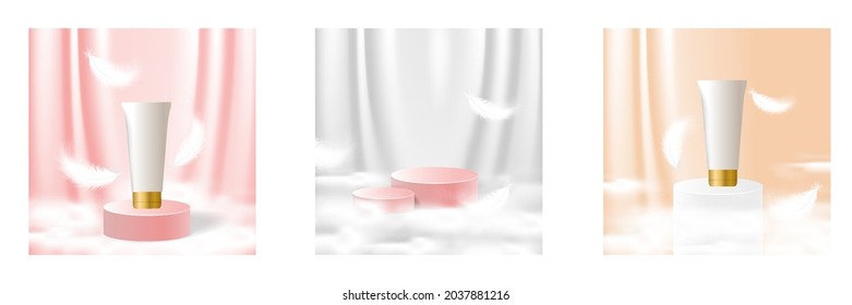 3D Artificial scene podium stage makeup for cosmetic beauty product background with fluffy cloud, curtain and feather decoration in pastel color. Vector illustration