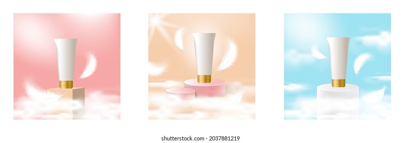 3D Artificial scene podium stage makeup for cosmetic beauty product background with fluffy cloud and feather decoration in pastel color. Vector illustration