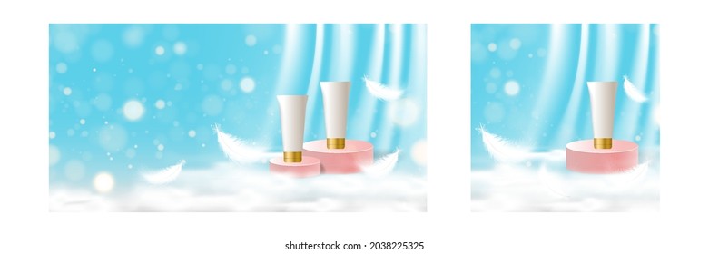 3D Artificial scene podium stage makeup for cosmetic beauty product background with fluffy cloud, curtain and feather decoration in blue color. Vector illustration