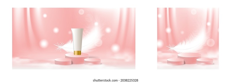 3D Artificial scene podium stage makeup for cosmetic beauty product background with fluffy cloud, curtain and feather decoration in pink peach color. Vector illustration