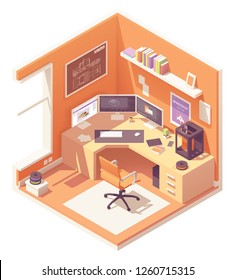 3d Artist Or CG Artist Home Office Or Studio Workspace. Vector Isometric Room Cross-section With Desk, 3d Printer, Desktop Pc With Multiple Monitors, Office Chair, 3d Printer Filament Spools