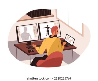 3d artist drawing model with desktop and laptop computers. Digital creator working at desk. Creative person during work process at PC screens. Flat vector illustration isolated on white background