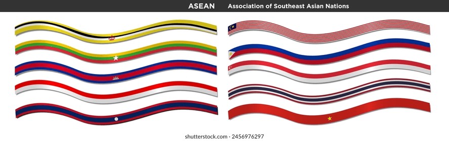 3D ASEAN Flag Bänder auf weißem Hintergrund. Die Wirtschaftsgemeinschaft der ASEAN-Staaten schwenkt Flaggen. Brunei, Indonesien, Kambodscha, Laos, Malaysia, Myanmar, Philippinen, Singapur, Thailand, Vietnam. EPS