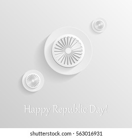 3D Ashoka Wheel. 26 January. Happy Indian Republic Day celebration. Vector modern Indian backdrop. Circle light icon. Eps10. Delicate white abstract background of the national symbols.