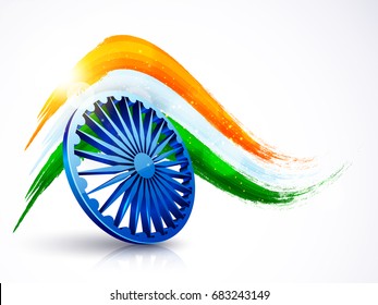 3D Ashoka Wheel with Indian Flag colors brush strokes. Happy Independence Day and Republic Day celebration background.