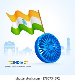 3D Ashoka Wheel With Indian Wavy Flag And Famous Monuments On Glossy White Background For India, Happy Independence Day.