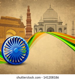 3D Ashoka wheel with national flag colors and famous monuments background.