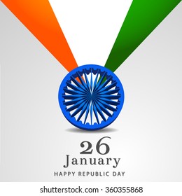 3D Ashoka Wheel with national tricolor ribbon for 26 January, Happy Indian Republic Day celebration.