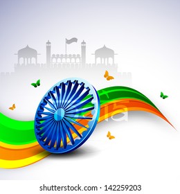 3D Ashoka wheel on national flag colors wave background with butterflies on Red Fort background.