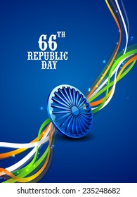 3D Ashoka Wheel with shiny national flag color stripes on blue background for 66th year of Indian Republic Day celebrations.