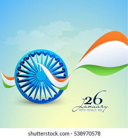 3D Ashoka Wheel with Tricolor waves, Poster, Banner and Flyer design For 26 January, Indian Republic Day celebration.